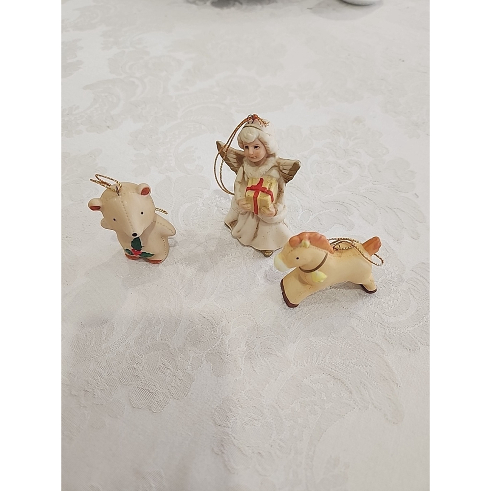 Vintage HOMCO Christmas Bisque Porcelain Ornaments, Set Of 3